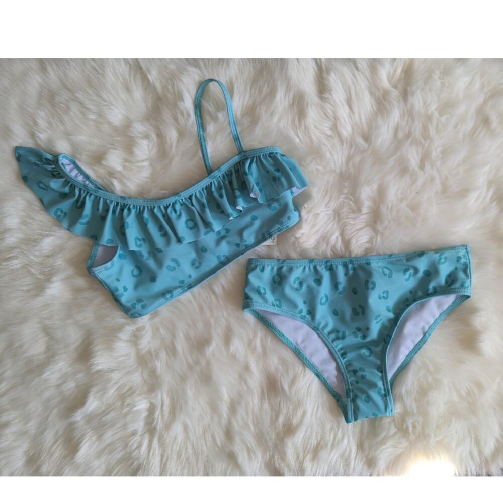 Primark 2 piece girls teal ruffle animal print bikini sz 10-11Y New